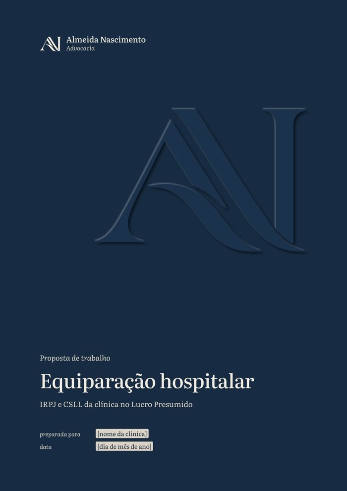 Capa da proposta de equiparação hospitalar: fundo Capa, a assinatura e o monograma em relevo seco à direita