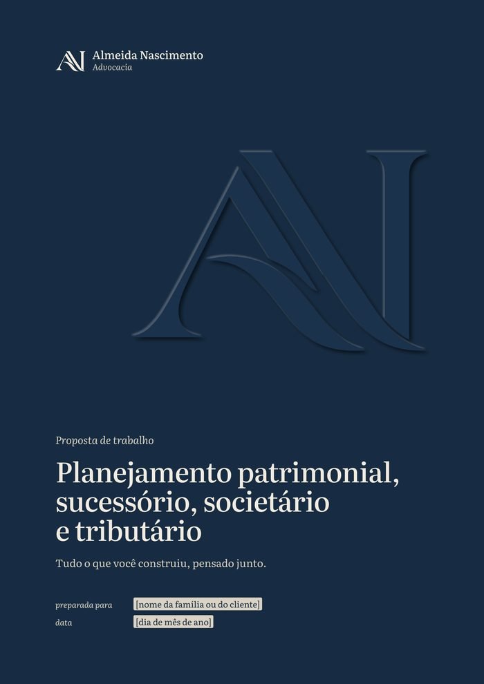 Capa da proposta de planejamento patrimonial, sucessório, societário e tributário, com o lema e o selo seco
