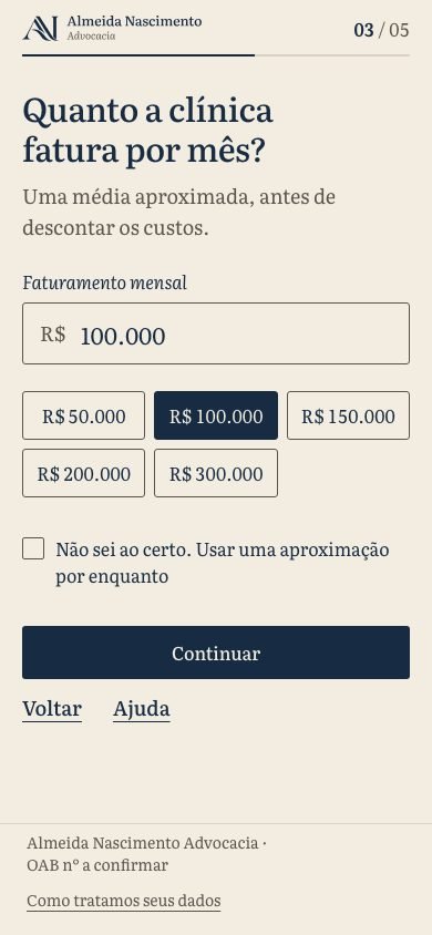 Formulário de equiparação no celular, com a barra de etapa no topo